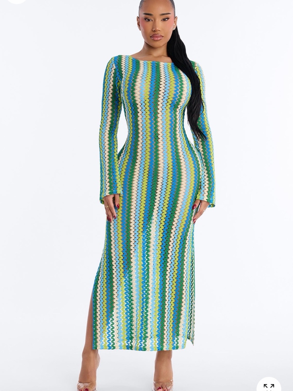 Fashion Nova Izzy Pinstripe Flare Sleeve Maxi Swim Cover Up Dress NWT Size Large